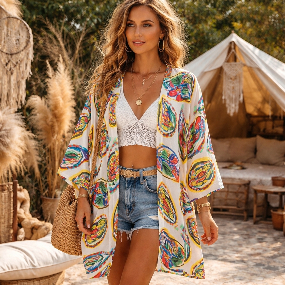 Rare Vintage Jams World 100% Rayon Kimono Colorful Abstract Print One Size Boho